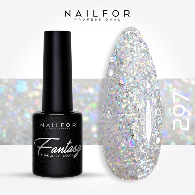 Vernis à ongles semi-permanent couleur : Fantasy Semi-permanent Gel Polish - 297 transparent aux reflets glitter arc-en-ciel...
