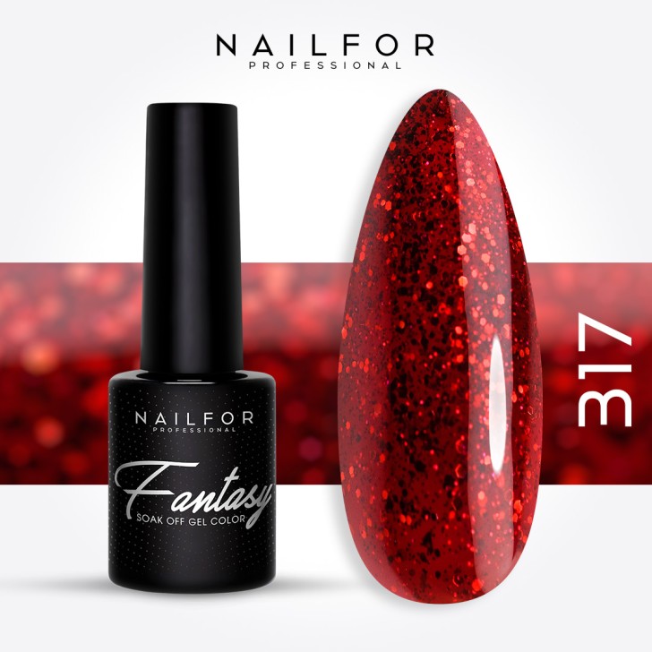 Semi-permanent nail polish color: Fantasy Semi-permanent Gel Polish - 317 red glitter Nailfor €6.99