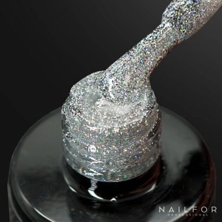 Vernis à ongles semi-permanent couleur : Fantasy Vernis Gel Semi-permanent - 301 argent avec microglitter arc-en-ciel Nailfor ..