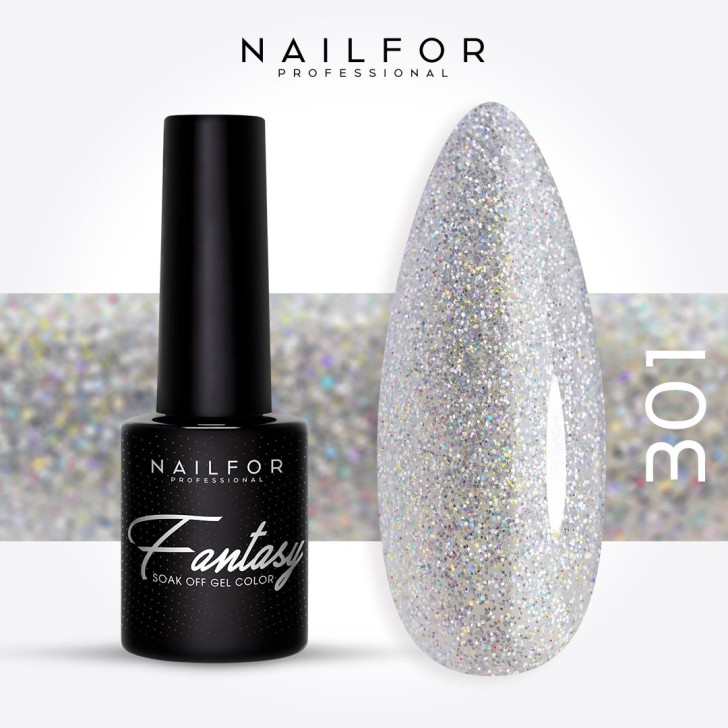 FANTASY semi-permanent gel nail polish - 301 silver with rainbow microglitter